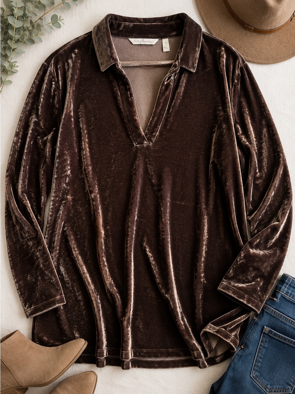 Soft Surroundings Velvet Tunic Plus Size 2X Quiet Luxury Glam Mocha Holiday D50